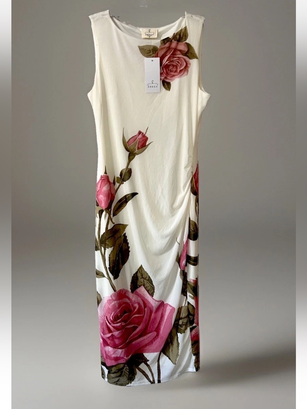 Ember NWT Sleeveless Fitted Mesh Midi Body Contour Dress Cream Pink Size M